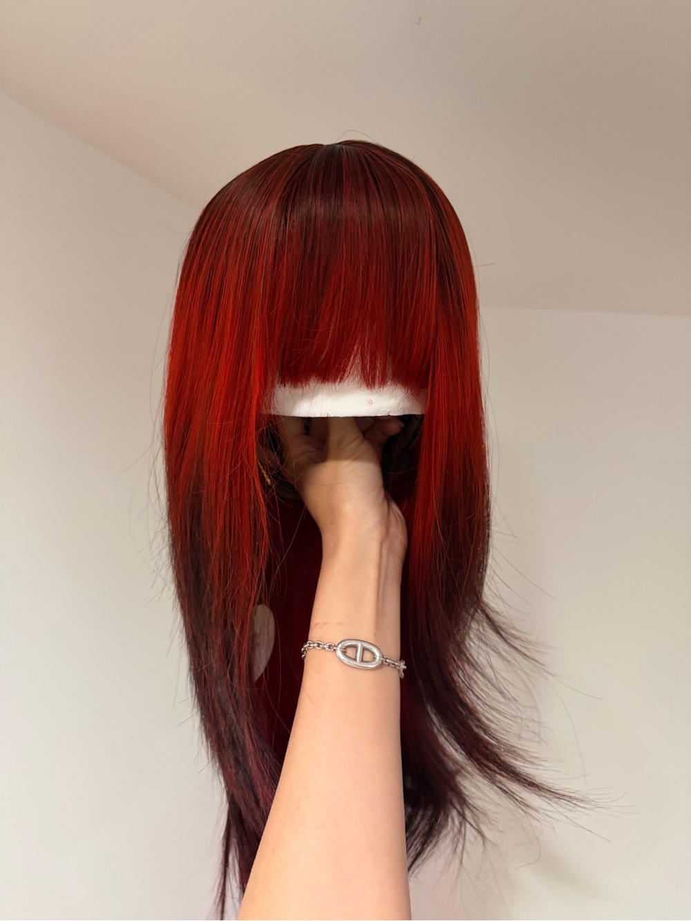 Long Straight Red Ombre Wig with Blunt Bangs - Women Hair